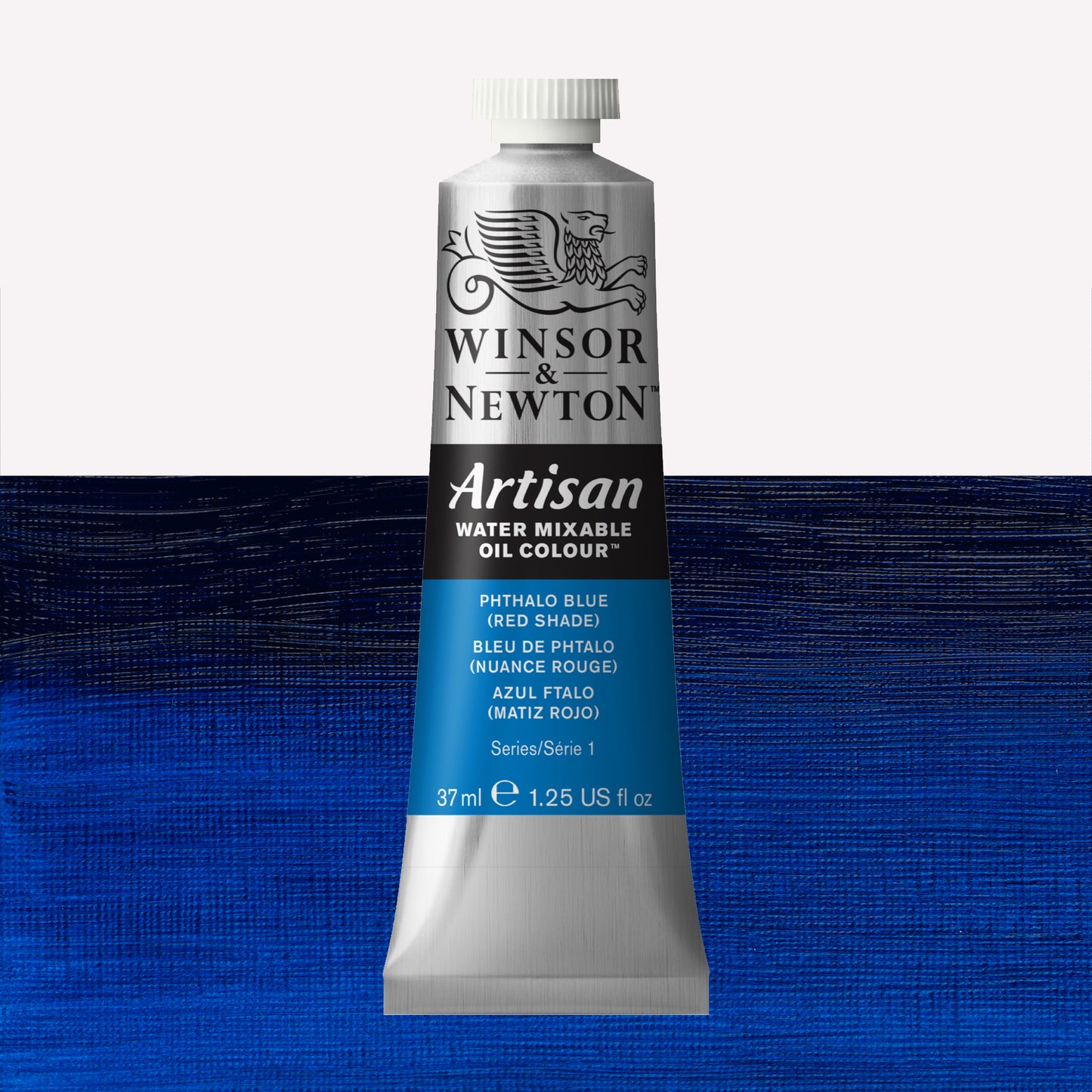 A 37ml silver tube of Winsor & Newton, Artisan Water Mixable Oil Colour in the shade Phthalo Blue (Red Shade), over a beautifully pigmented colour swatch. 