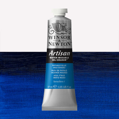 A 37ml silver tube of Winsor & Newton, Artisan Water Mixable Oil Colour in the shade Phthalo Blue (Red Shade), over a beautifully pigmented colour swatch. 
