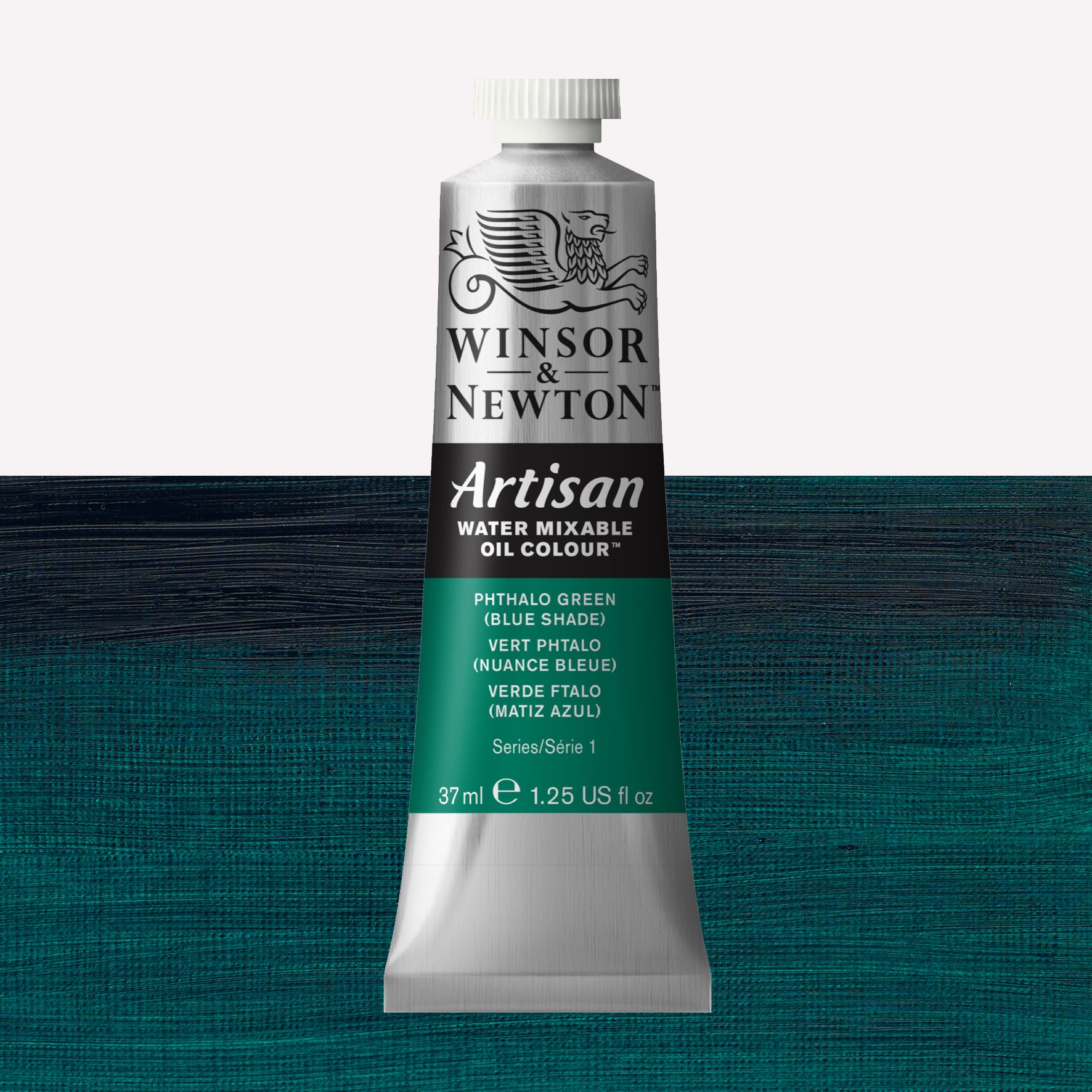 A 37ml silver tube of Winsor & Newton, Artisan Water Mixable Oil Colour in the shade Phthalo Green (Blue Shade), over a beautifully pigmented colour swatch. 