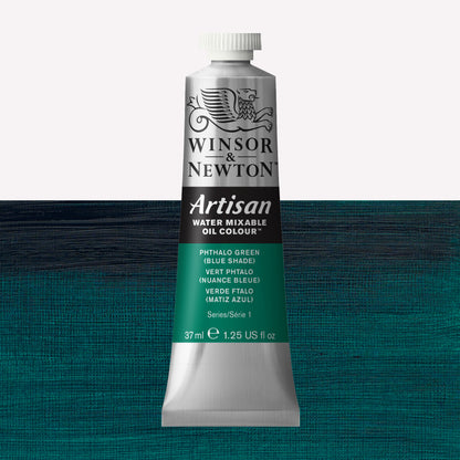 A 37ml silver tube of Winsor & Newton, Artisan Water Mixable Oil Colour in the shade Phthalo Green (Blue Shade), over a beautifully pigmented colour swatch. 