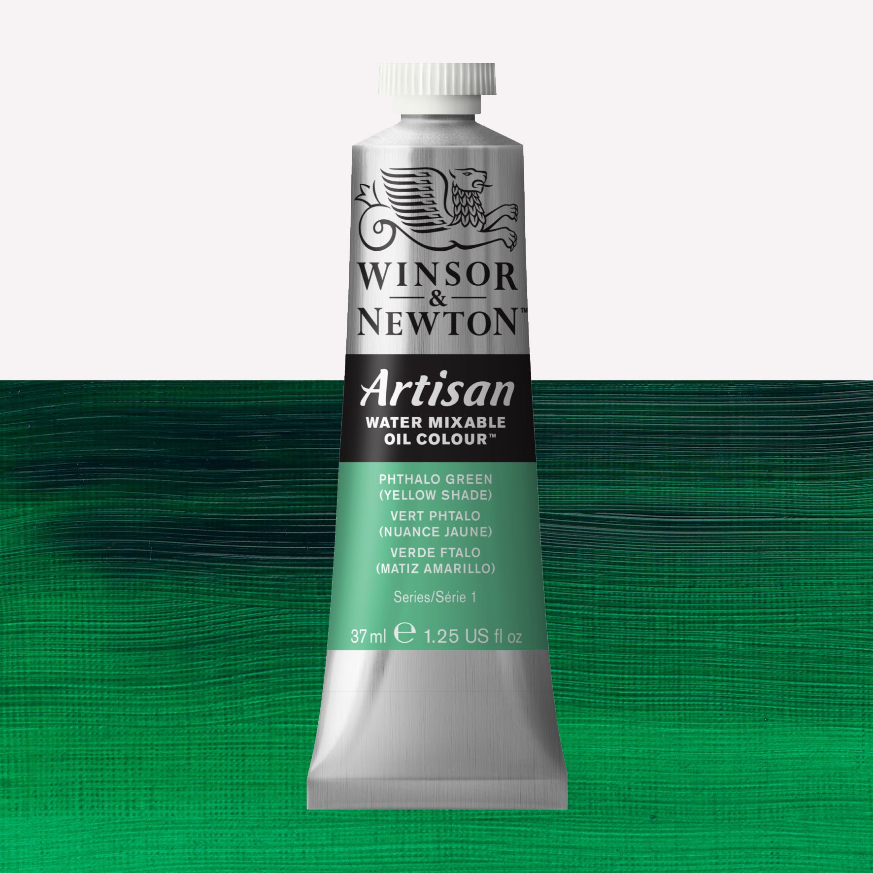 A 37ml silver tube of Winsor & Newton, Artisan Water Mixable Oil Colour in the shade Phthalo Green (Yellow Shade), over a beautifully pigmented colour swatch.