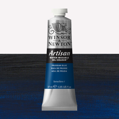 A 37ml silver tube of Winsor & Newton, Artisan Water Mixable Oil Colour in the shade Prussian Blue, over a beautifully pigmented colour swatch. 