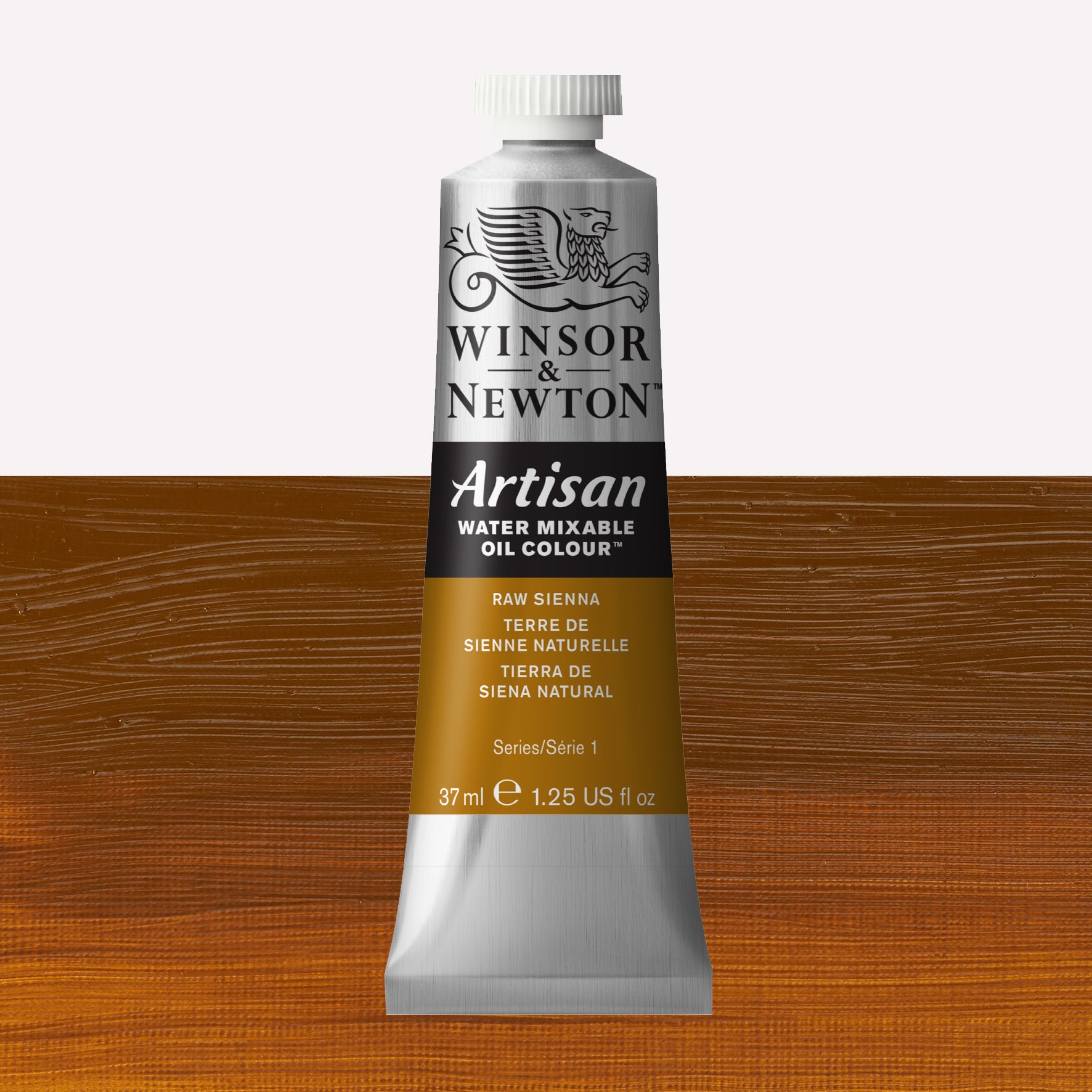 A 37ml silver tube of Winsor & Newton, Artisan Water Mixable Oil Colour in the shade Raw Sienna, over a beautifully pigmented colour swatch. 