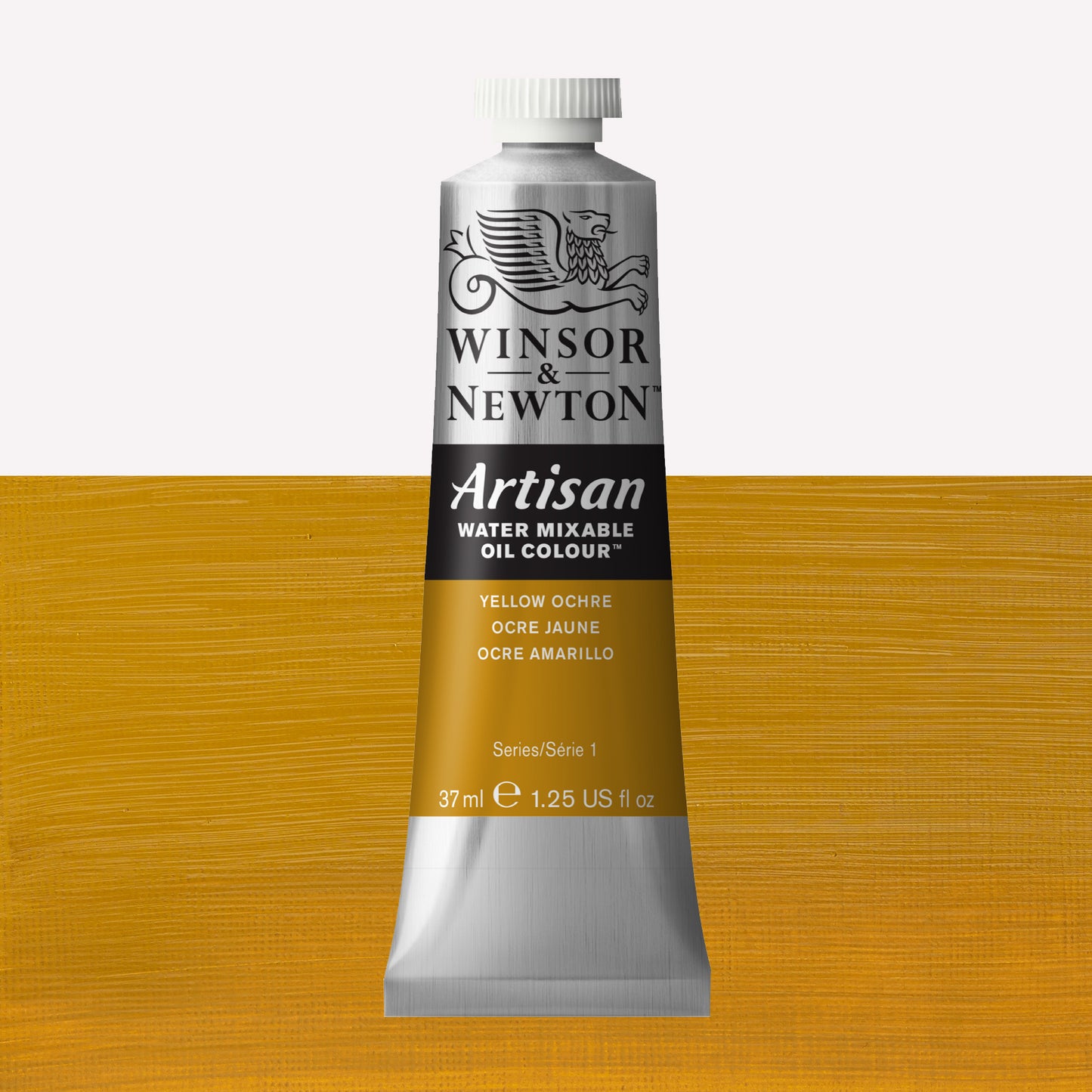 A 37ml silver tube of Winsor & Newton, Artisan Water Mixable Oil Colour in the shade Yellow Ochre, over a beautifully pigmented colour swatch. 