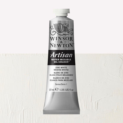 A 37ml silver tube of Winsor & Newton, Artisan Water Mixable Oil Colour in the shade Zinc White (mixing), over a beautifully pigmented colour swatch. 