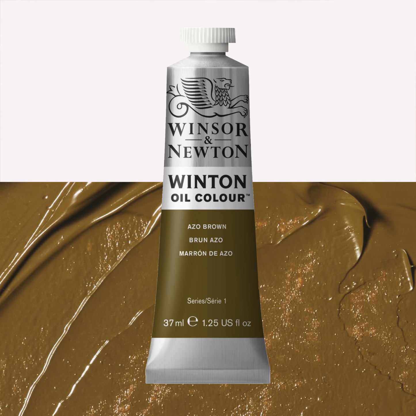 A 37ml silver tube of Winsor & Newton, Winton Oil Paint in the shade Azo Brown, over a beautifully pigmented colour swatch. 