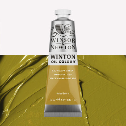 A 37ml silver tube of Winsor & Newton, Winton Oil Paint in the shade Azo Yellow Green, over a beautifully pigmented colour swatch. 