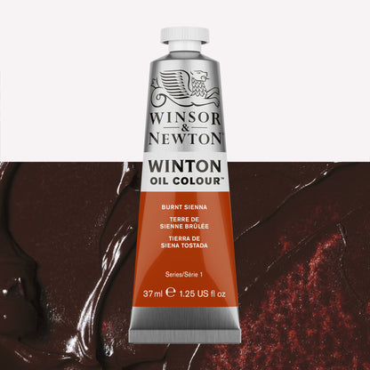 A 37ml silver tube of Winsor & Newton, Winton Oil Paint in the shade Burnt Sienna, over a beautifully pigmented colour swatch. 