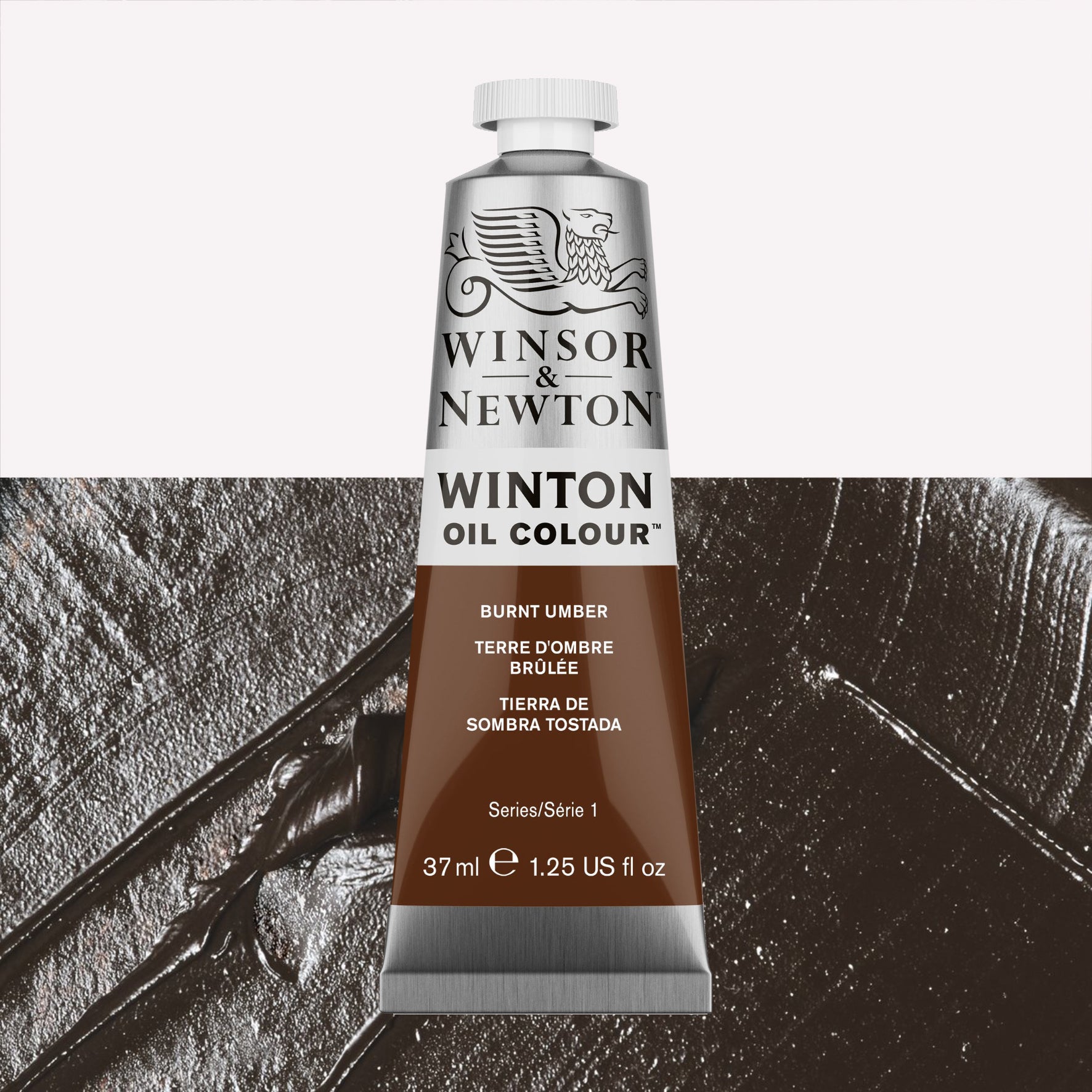 A 37ml silver tube of Winsor & Newton, Winton Oil Paint in the shade Burnt Umber, over a beautifully pigmented colour swatch. 