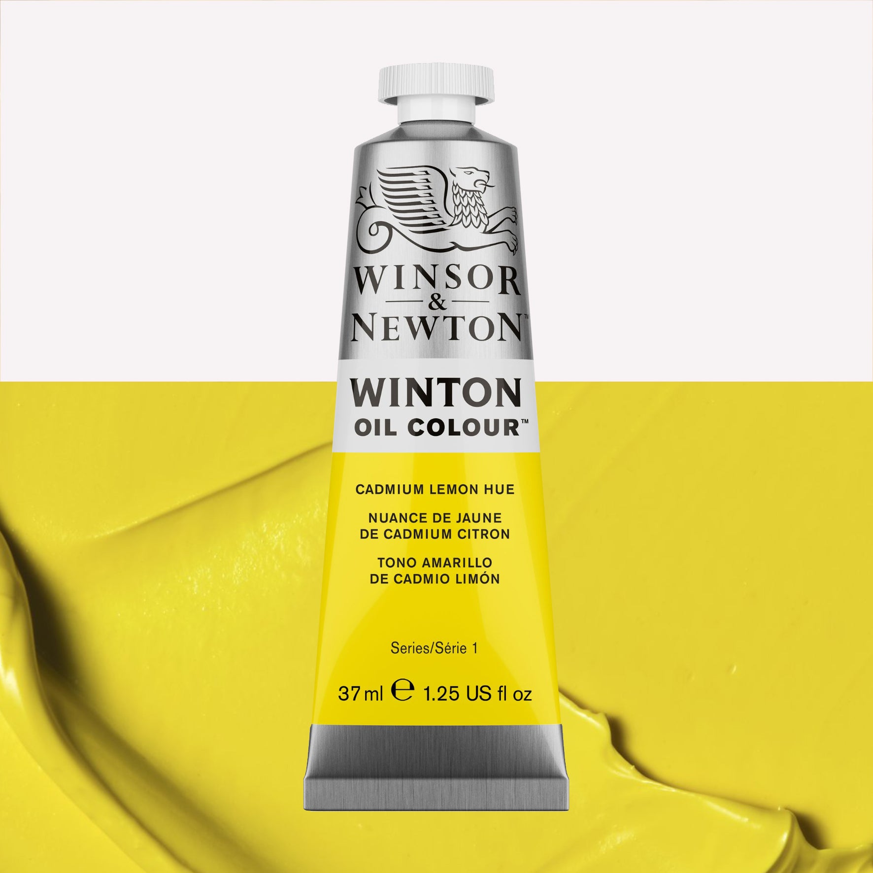 A 37ml silver tube of Winsor & Newton, Winton Oil Paint in the shade Cadmium Lemon Hue, over a beautifully pigmented colour swatch. 