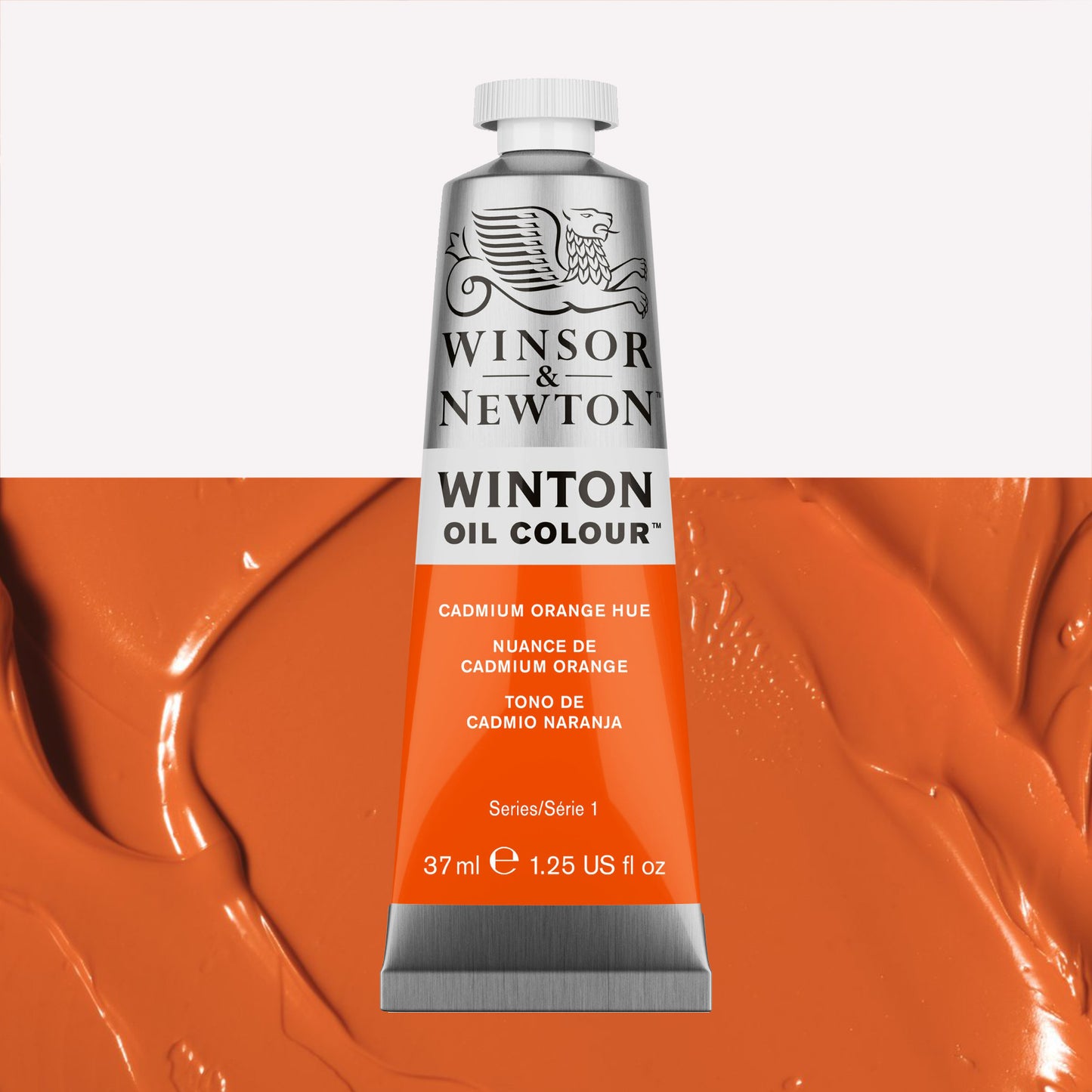 A 37ml silver tube of Winsor & Newton, Winton Oil Paint in the shade Cadmium Orange Hue, over a beautifully pigmented colour swatch. 