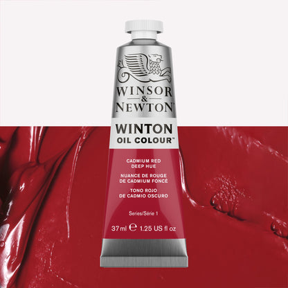 A 37ml silver tube of Winsor & Newton, Winton Oil Paint in the shade Cadmium Red Deep Hue, over a beautifully pigmented colour swatch. 