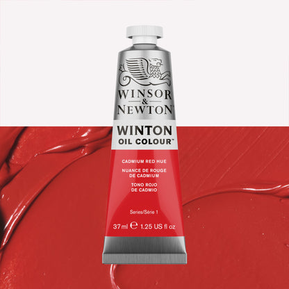 A 37ml silver tube of Winsor & Newton, Winton Oil Paint in the shade Cadmium Red Hue, over a beautifully pigmented colour swatch. 
