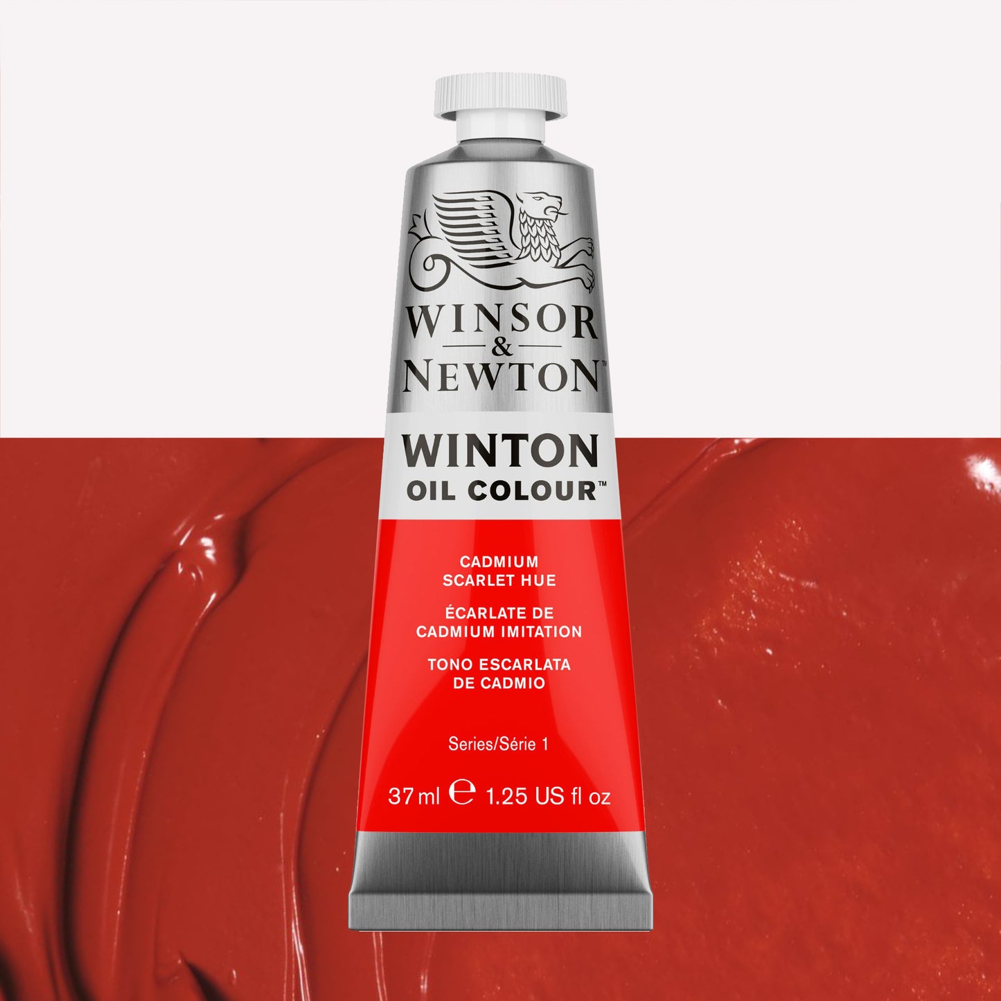 A 37ml silver tube of Winsor & Newton, Winton Oil Paint in the shade Cadmium Scarlet Hue, over a beautifully pigmented colour swatch. 