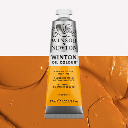 A 37ml silver tube of Winsor & Newton, Winton Oil Paint in the shade Cadmium Yellow Deep Hue, over a beautifully pigmented colour swatch. 