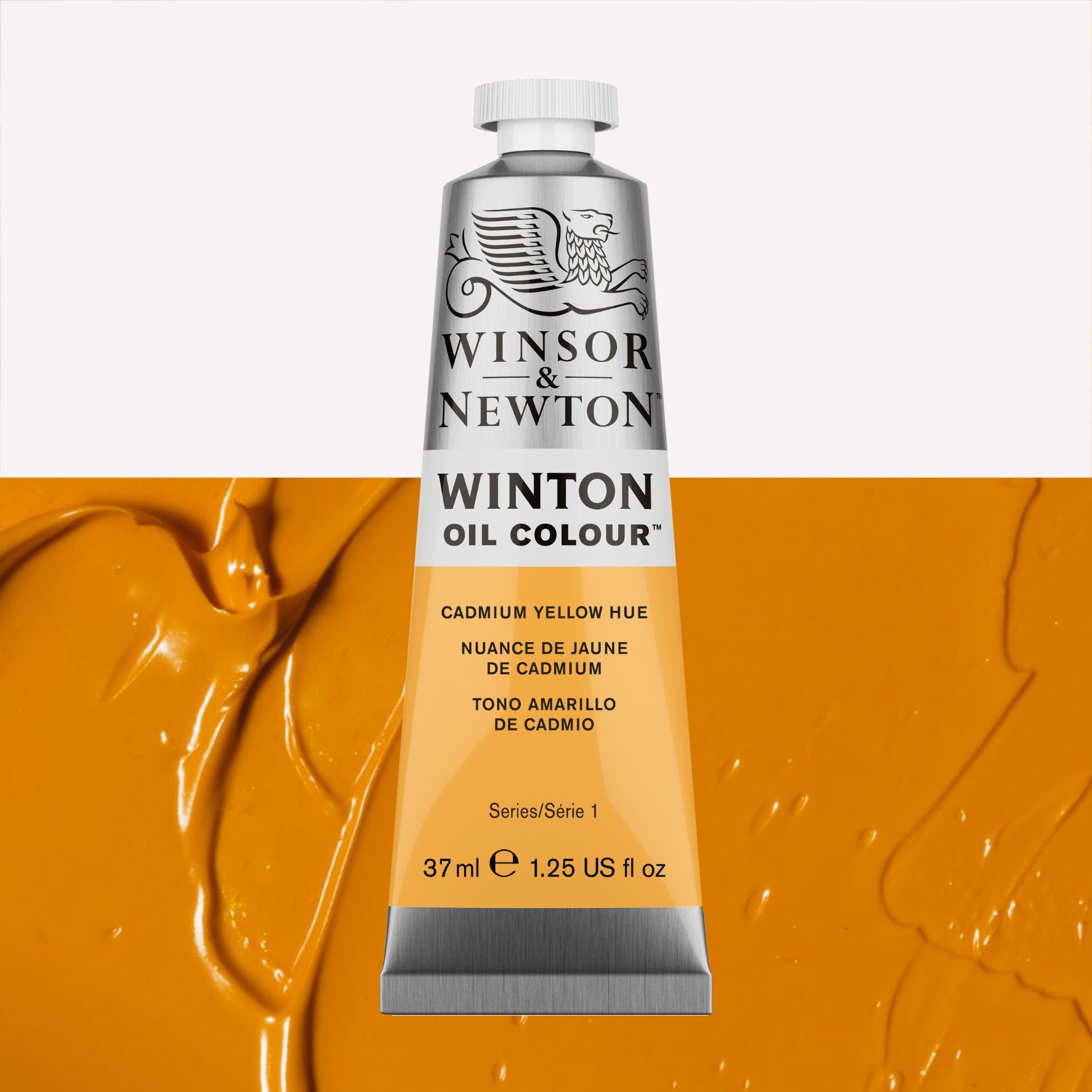 A 37ml silver tube of Winsor & Newton, Winton Oil Paint in the shade Cadmium Yellow Hue, over a beautifully pigmented colour swatch. 