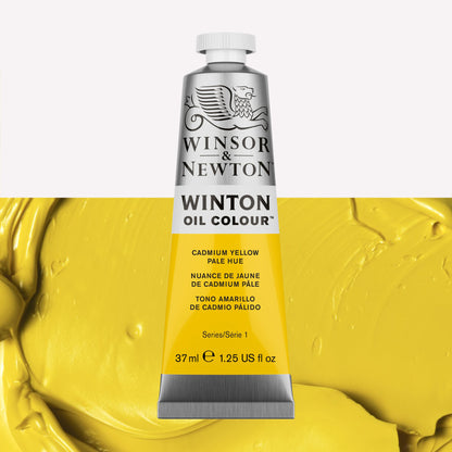 A 37ml silver tube of Winsor & Newton, Winton Oil Paint in the shade Cadmium Yellow Pale Hue, over a beautifully pigmented colour swatch. 