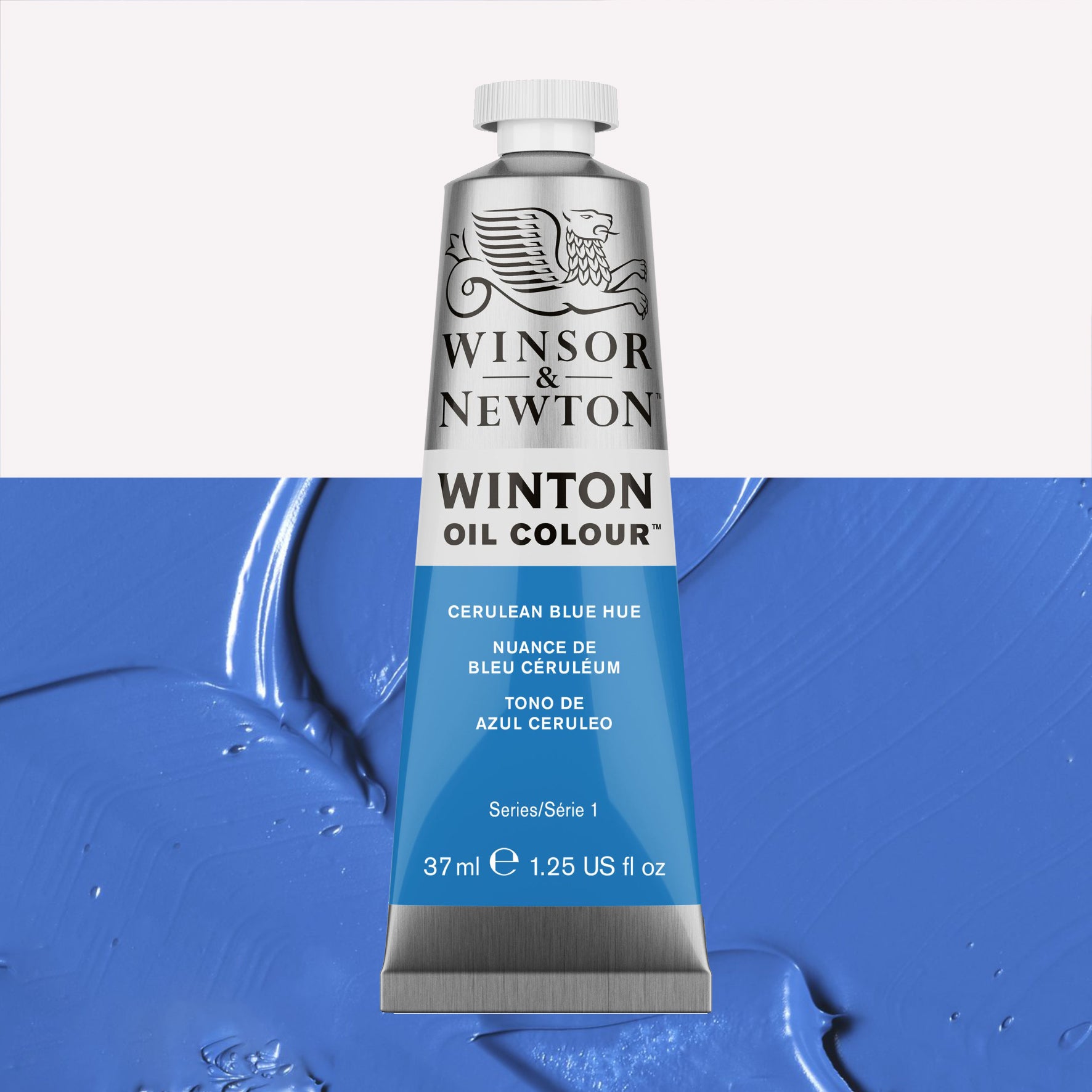 A 37ml silver tube of Winsor & Newton, Winton Oil Paint in the shade Cerulean Blue Hue, over a beautifully pigmented colour swatch. 