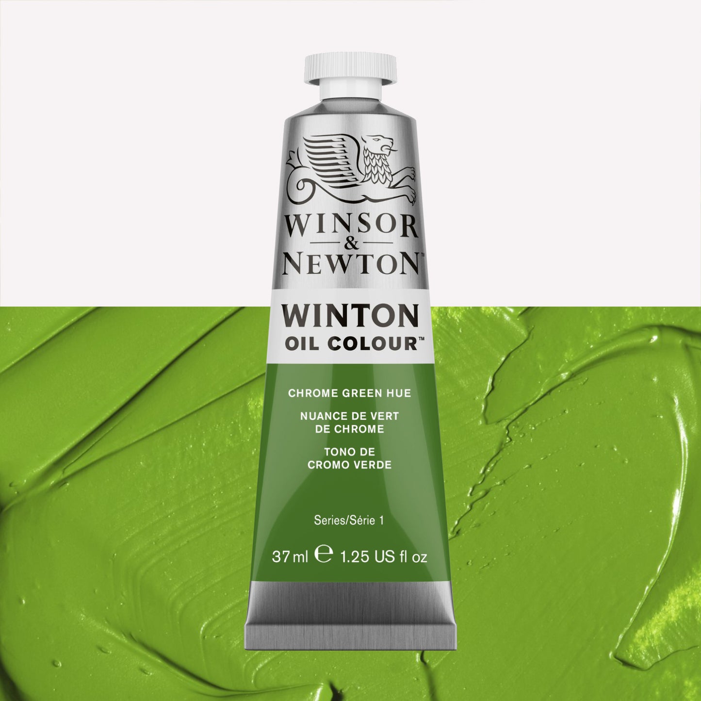 A 37ml silver tube of Winsor & Newton, Winton Oil Paint in the shade Chrome Green Hue, over a beautifully pigmented colour swatch. 