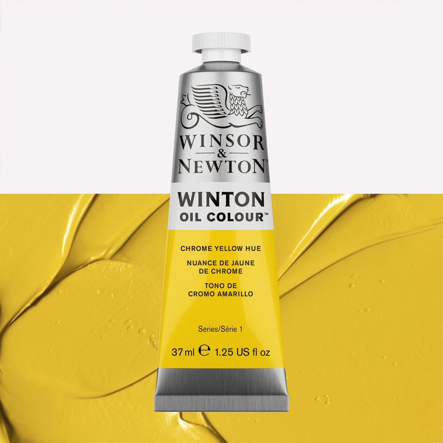 A 37ml silver tube of Winsor & Newton, Winton Oil Paint in the shade Chrome Yellow Hue, over a beautifully pigmented colour swatch. 