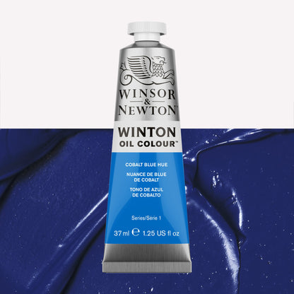 A 37ml silver tube of Winsor & Newton, Winton Oil Paint in the shade Cobalt Blue Hue, over a beautifully pigmented colour swatch. 