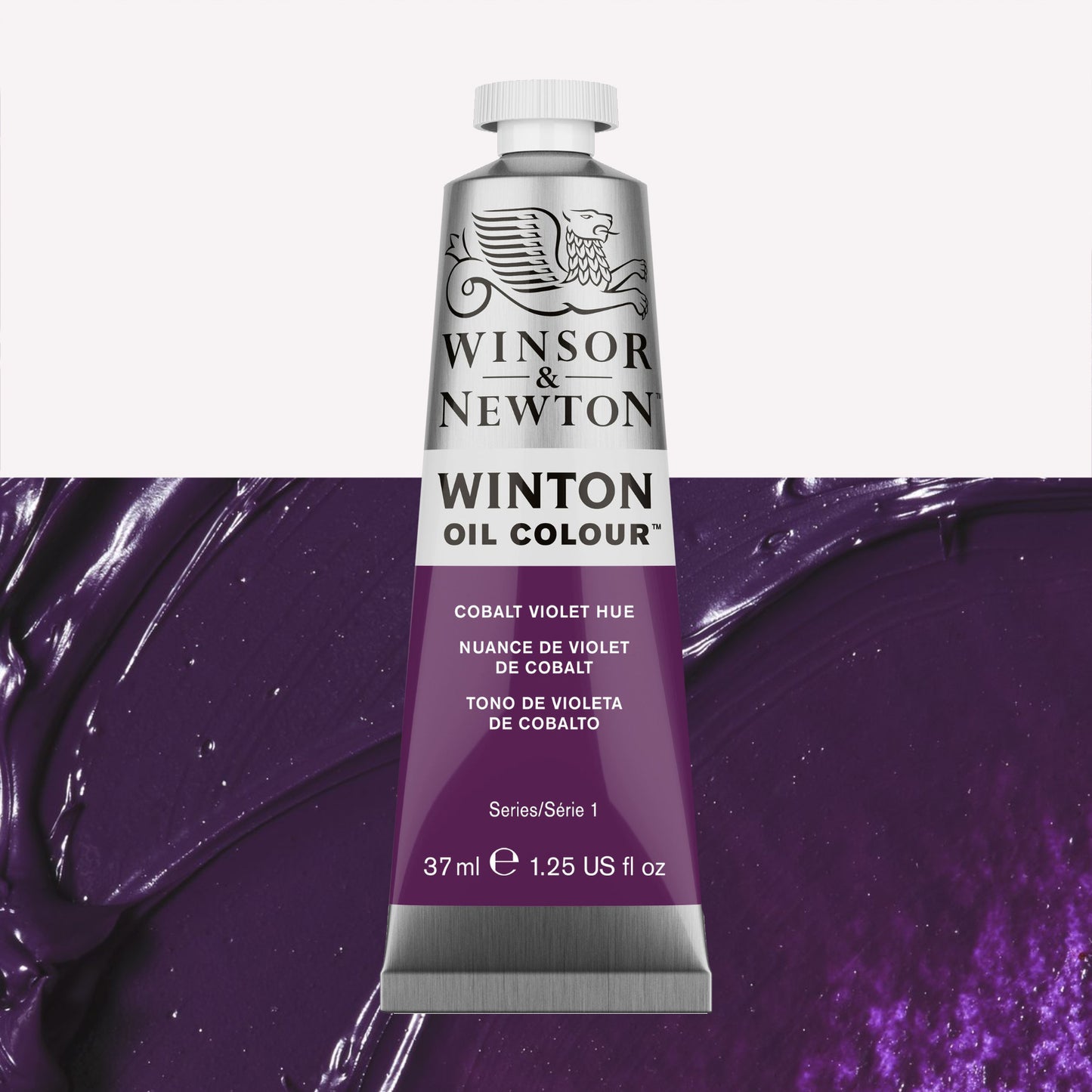 A 37ml silver tube of Winsor & Newton, Winton Oil Paint in the shade Cobalt Violet Hue, over a beautifully pigmented colour swatch. 