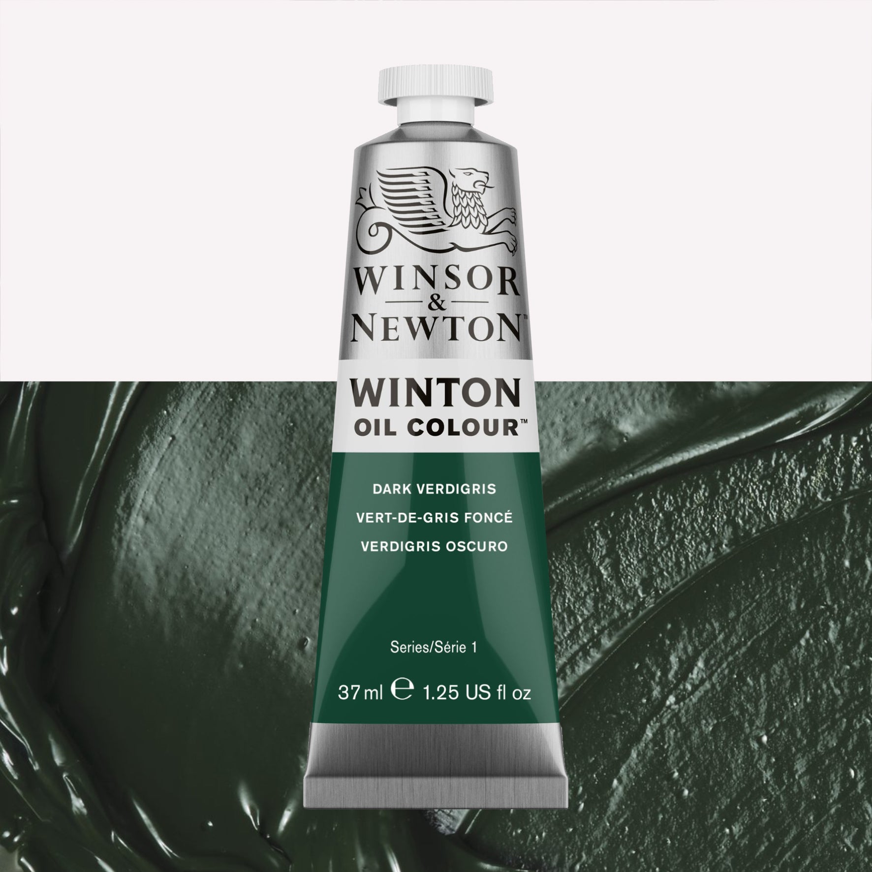 A 37ml silver tube of Winsor & Newton, Winton Oil Paint in the shade Dark Verdigris, over a beautifully pigmented colour swatch. 