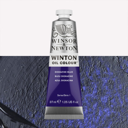 A 37ml silver tube of Winsor & Newton, Winton Oil Paint in the shade Dioxazine Blue, over a beautifully pigmented colour swatch. 