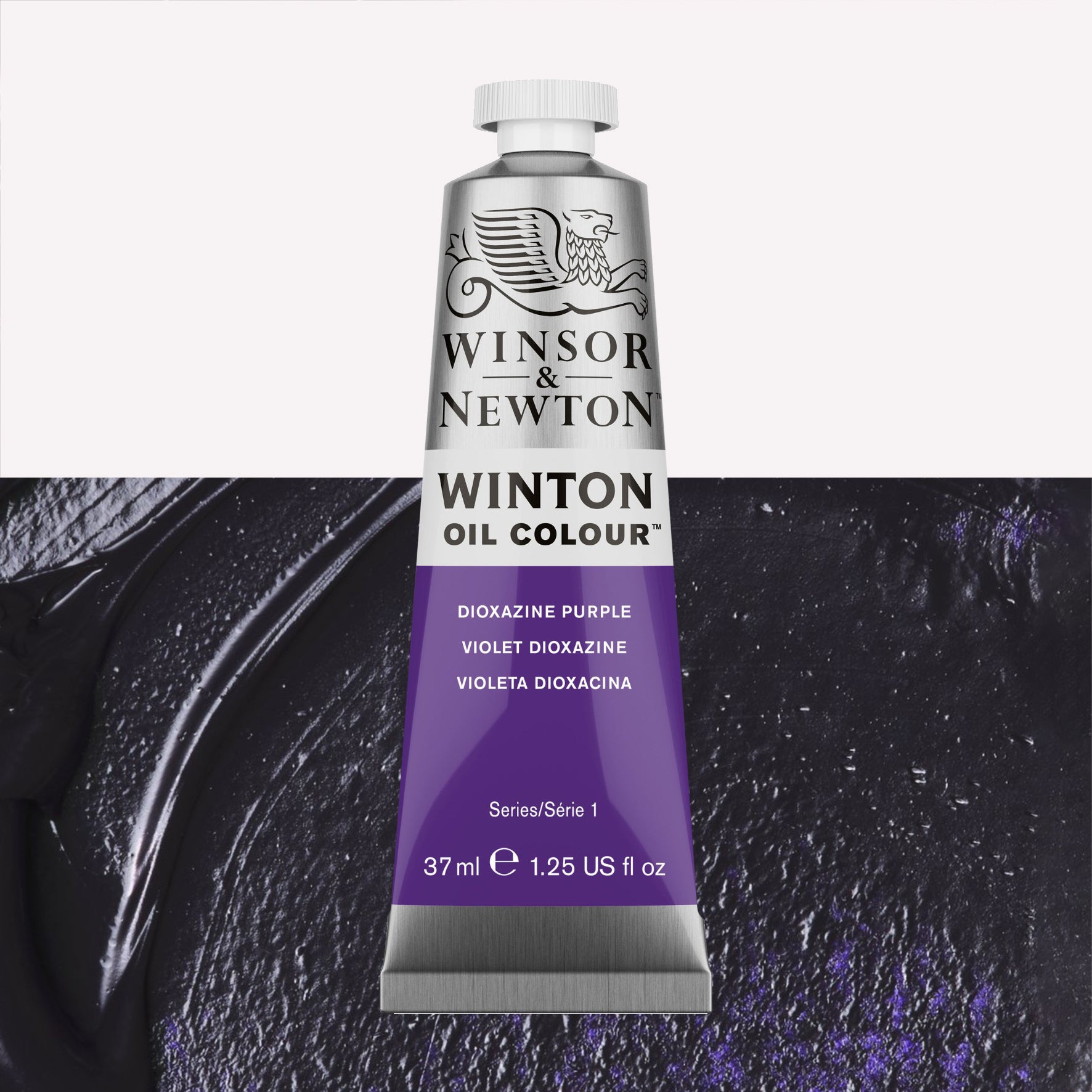 A 37ml silver tube of Winsor & Newton, Winton Oil Paint in the shade Dioxazine Purple, over a beautifully pigmented colour swatch. 