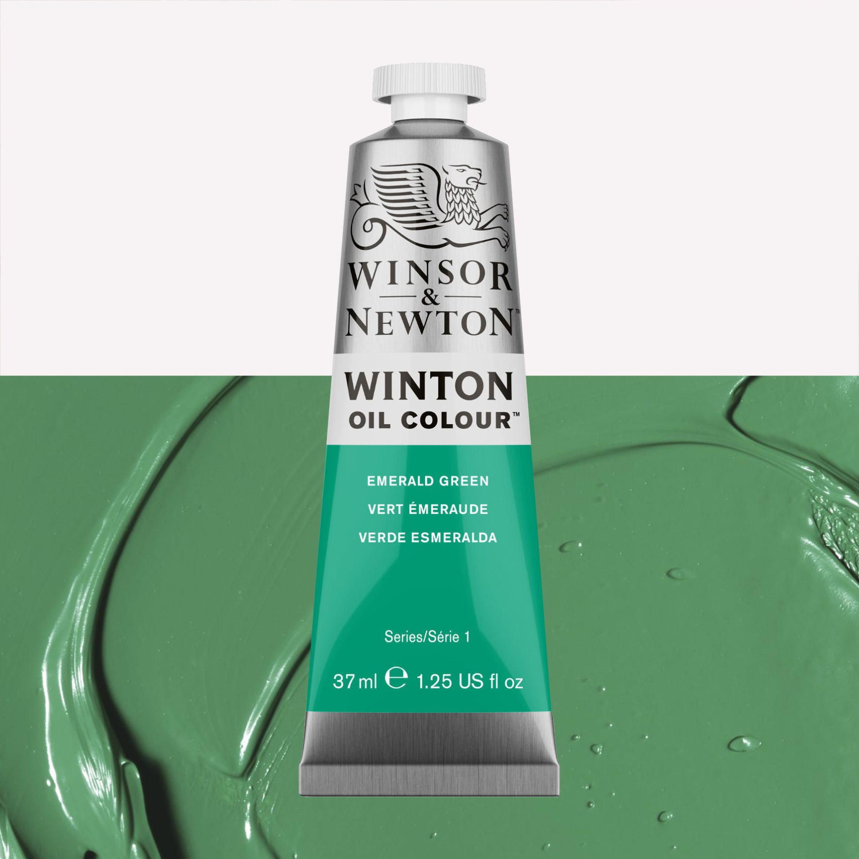 A 37ml silver tube of Winsor & Newton, Winton Oil Paint in the shade Emerald Green, over a beautifully pigmented colour swatch. 