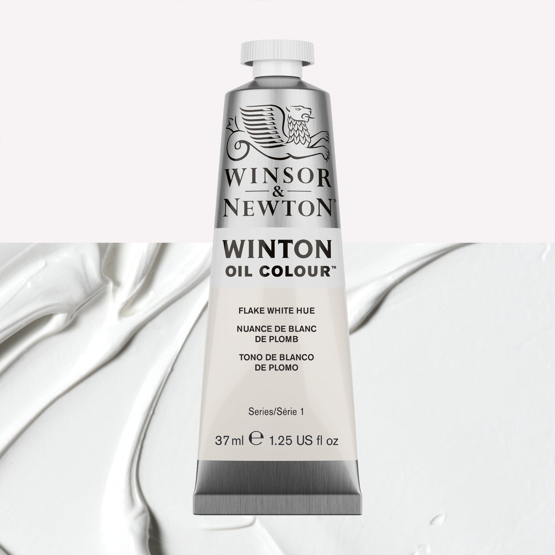 A 37ml silver tube of Winsor & Newton, Winton Oil Paint in the shade Flake White Hue, over a beautifully pigmented colour swatch. 