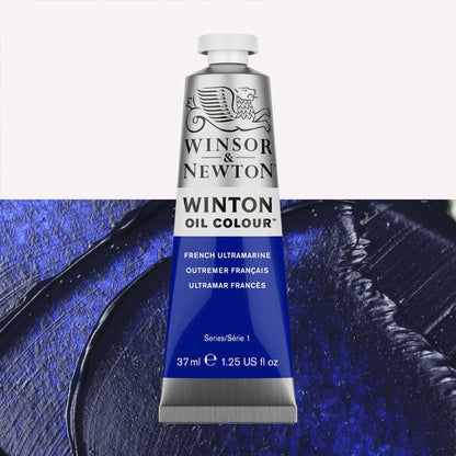 A 37ml silver tube of Winsor & Newton, Winton Oil Paint in the shade French Ultramarine, over a beautifully pigmented colour swatch. 