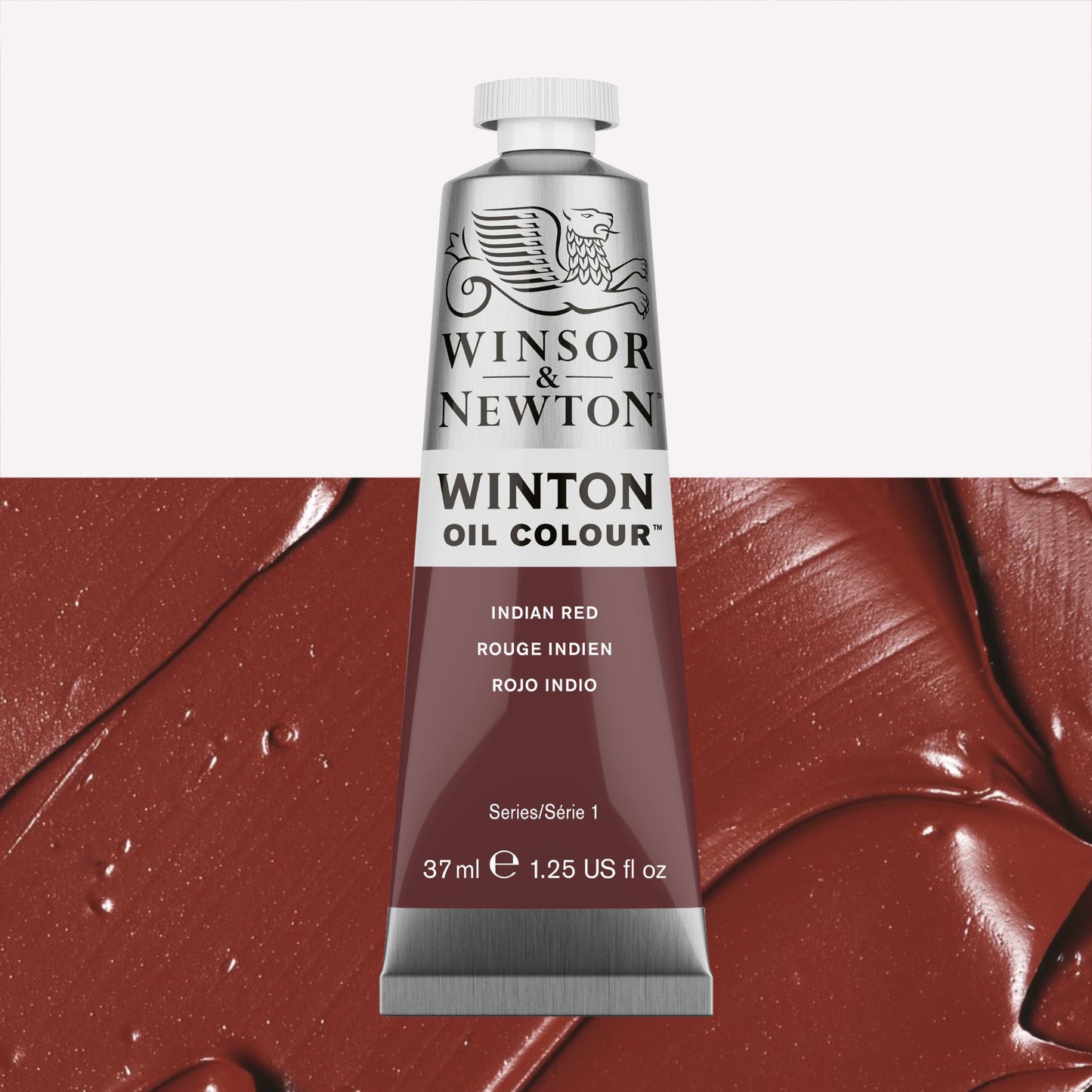 A 37ml silver tube of Winsor & Newton, Winton Oil Paint in the shade Indian red, over a beautifully pigmented colour swatch. 