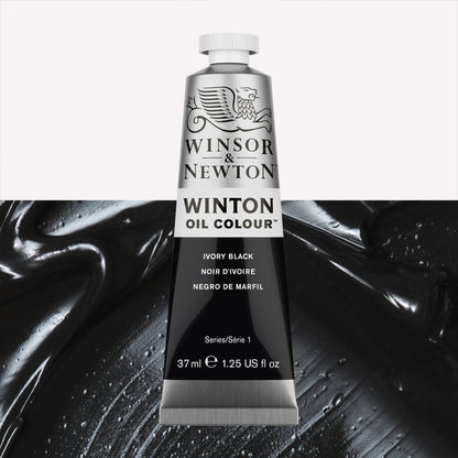 A 37ml silver tube of Winsor & Newton, Winton Oil Paint in the shade Ivory Black, over a beautifully pigmented colour swatch. 