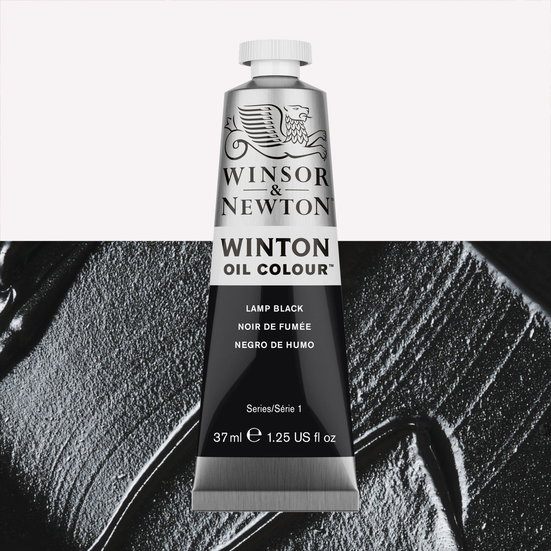 A 37ml silver tube of Winsor & Newton, Winton Oil Paint in the shade Lamp Black, over a beautifully pigmented colour swatch.