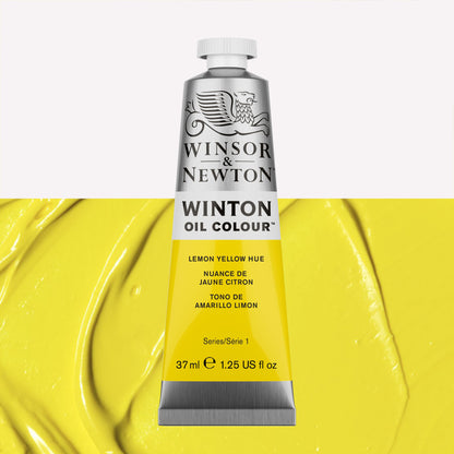 A 37ml silver tube of Winsor & Newton, Winton Oil Paint in the shade Lemon Yellow Hue, over a beautifully pigmented colour swatch. 
