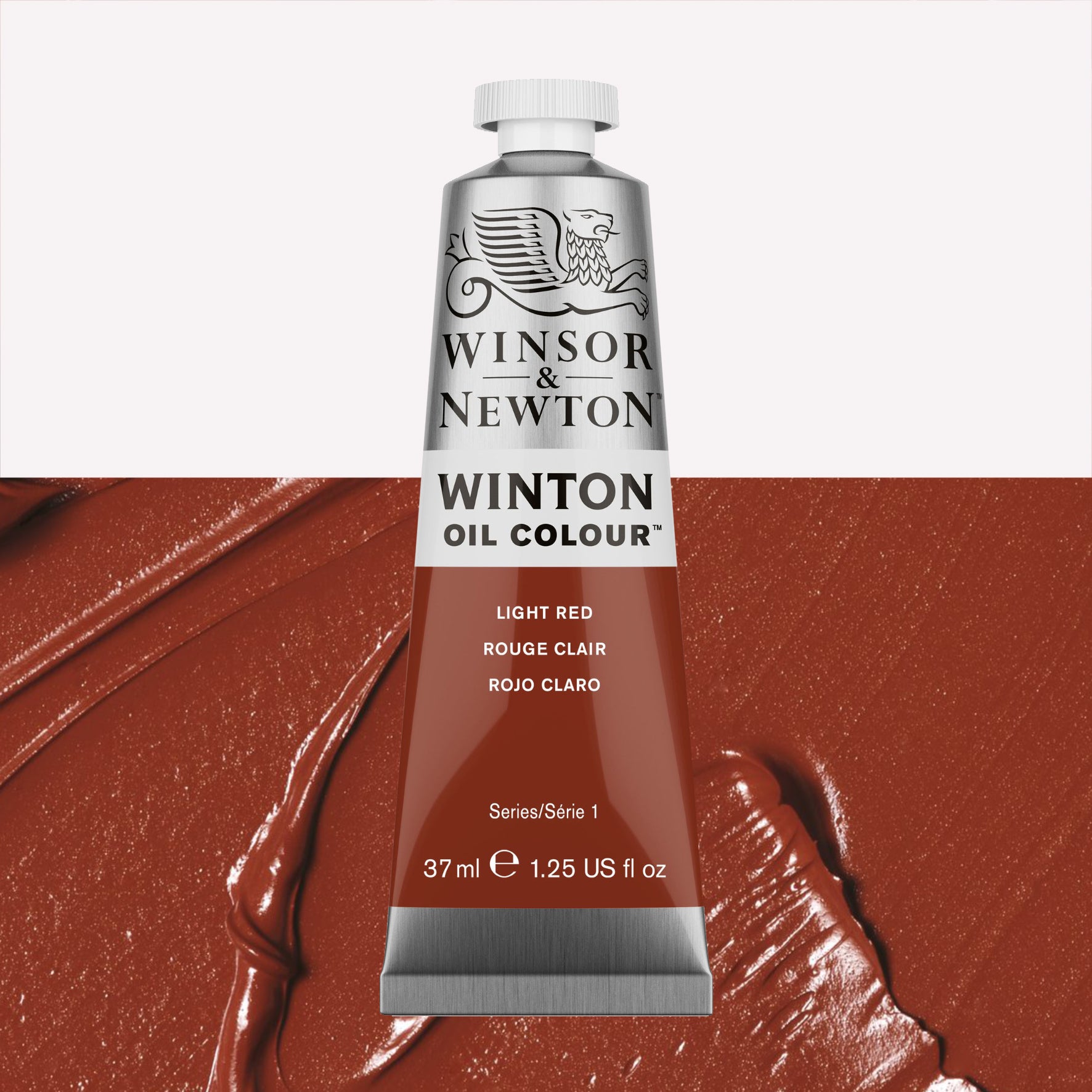 A 37ml silver tube of Winsor & Newton, Winton Oil Paint in the shade Light Red, over a beautifully pigmented colour swatch.