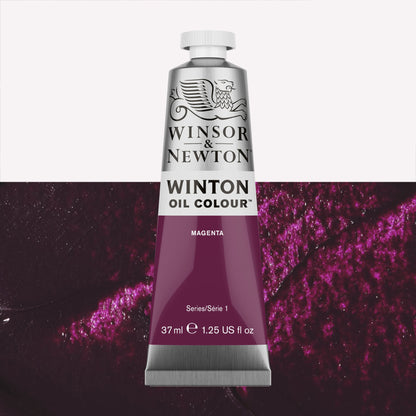 A 37ml silver tube of Winsor & Newton, Winton Oil Paint in the shade Magenta, over a beautifully pigmented colour swatch. 
