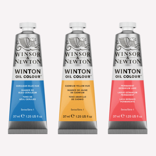 A set of three 37ml tube of Winsor & Newton, Winton Oil Paint packaged in silver tubes with a black lid. Made with high quality pigments, the featured colours are Cerulean Blue Hue, Cadmium Yellow Hue and Permanent Geranium Lake.  
