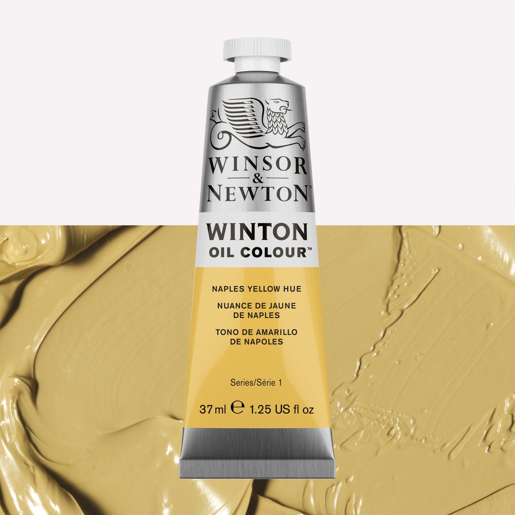 A 37ml silver tube of Winsor & Newton, Winton Oil Paint in the shade Naples Yellow, over a beautifully pigmented colour swatch. 