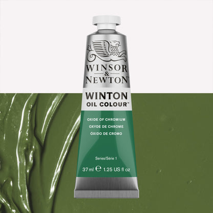 A 37ml silver tube of Winsor & Newton, Winton Oil Paint in the shade Oxide of Chromium, over a beautifully pigmented colour swatch. 
