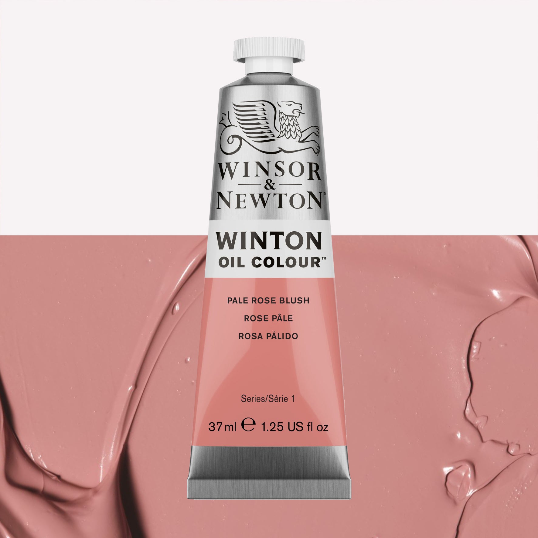 A 37ml silver tube of Winsor & Newton, Winton Oil Paint in the shade Pale Rose Blush, over a beautifully pigmented colour swatch.