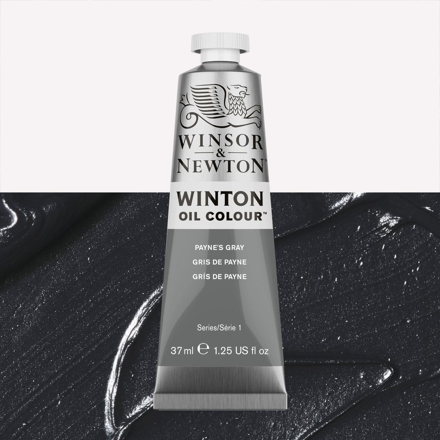 A 37ml silver tube of Winsor & Newton, Winton Oil Paint in the shade Payne’s Grey, over a beautifully pigmented colour swatch. 