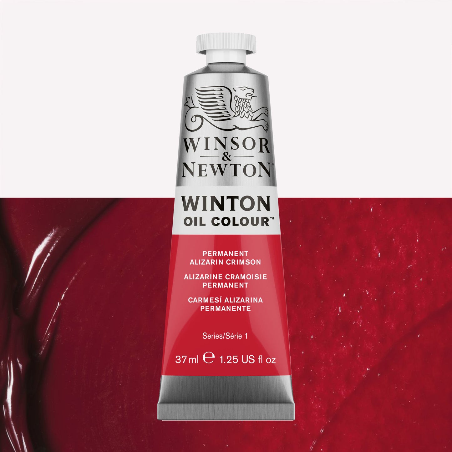 A 37ml silver tube of Winsor & Newton, Winton Oil Paint in the shade Permanent Alizarin Crimson, over a beautifully pigmented colour swatch. 