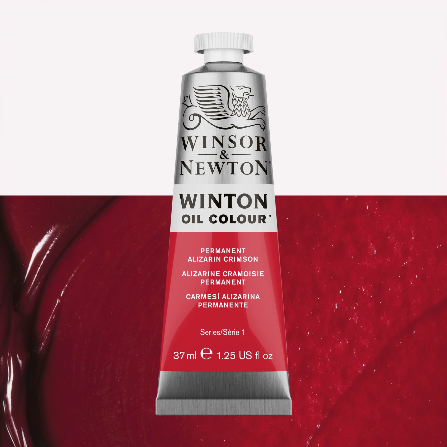 A 37ml silver tube of Winsor & Newton, Winton Oil Paint in the shade Permanent Alizarin Crimson, over a beautifully pigmented colour swatch. 