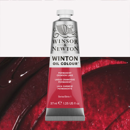 A 37ml silver tube of Winsor & Newton, Winton Oil Paint in the shade Permanent Crimson Lake, over a beautifully pigmented colour swatch. 