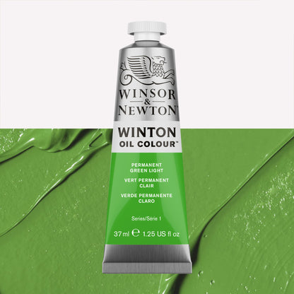 A 37ml silver tube of Winsor & Newton, Winton Oil Paint in the shade Permanent Green Light, over a beautifully pigmented colour swatch. 