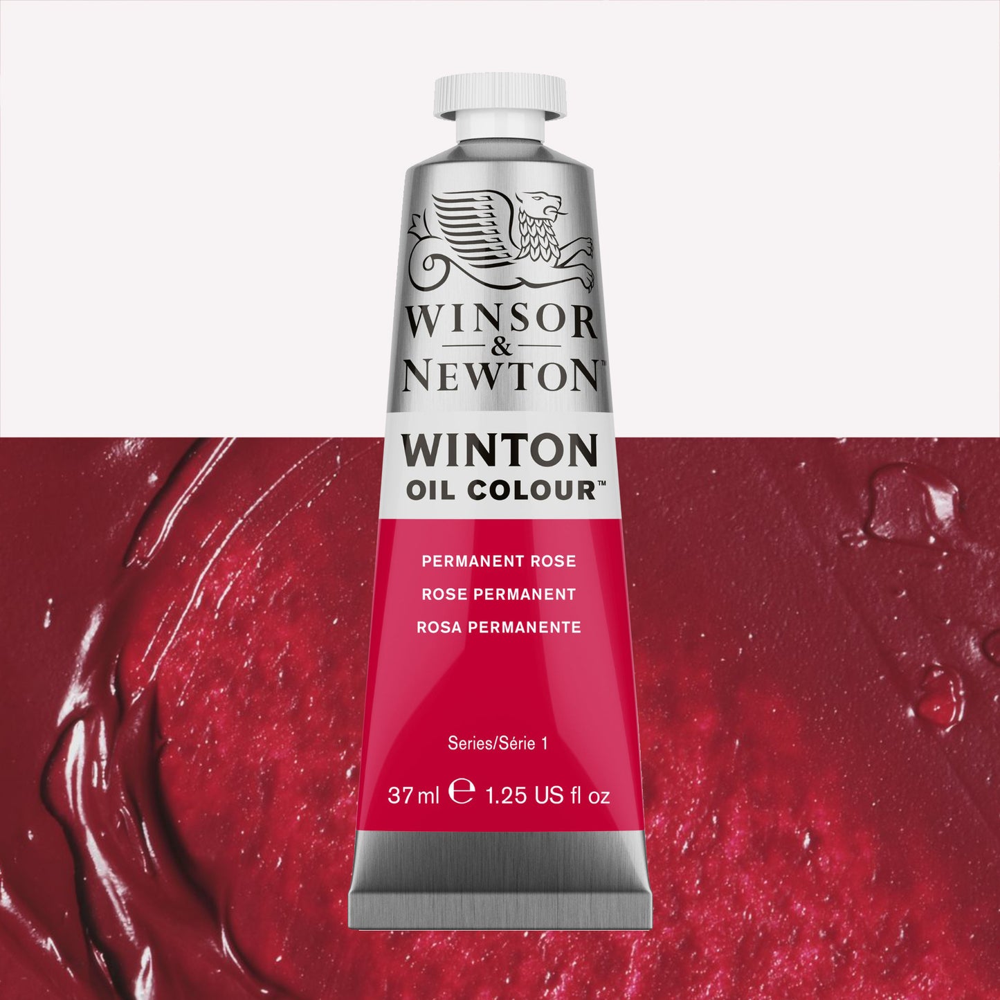 A 37ml silver tube of Winsor & Newton, Winton Oil Paint in the shade Permanent Rose, over a beautifully pigmented colour swatch. 