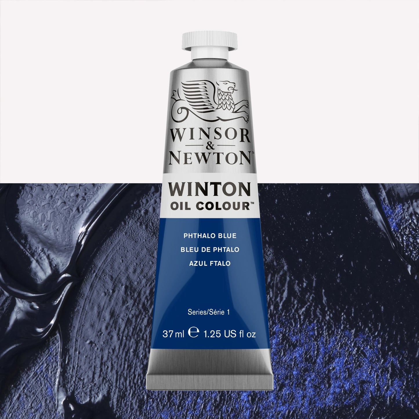 A 37ml silver tube of Winsor & Newton, Winton Oil Paint in the shade Phthalo Blue, over a beautifully pigmented colour swatch. 