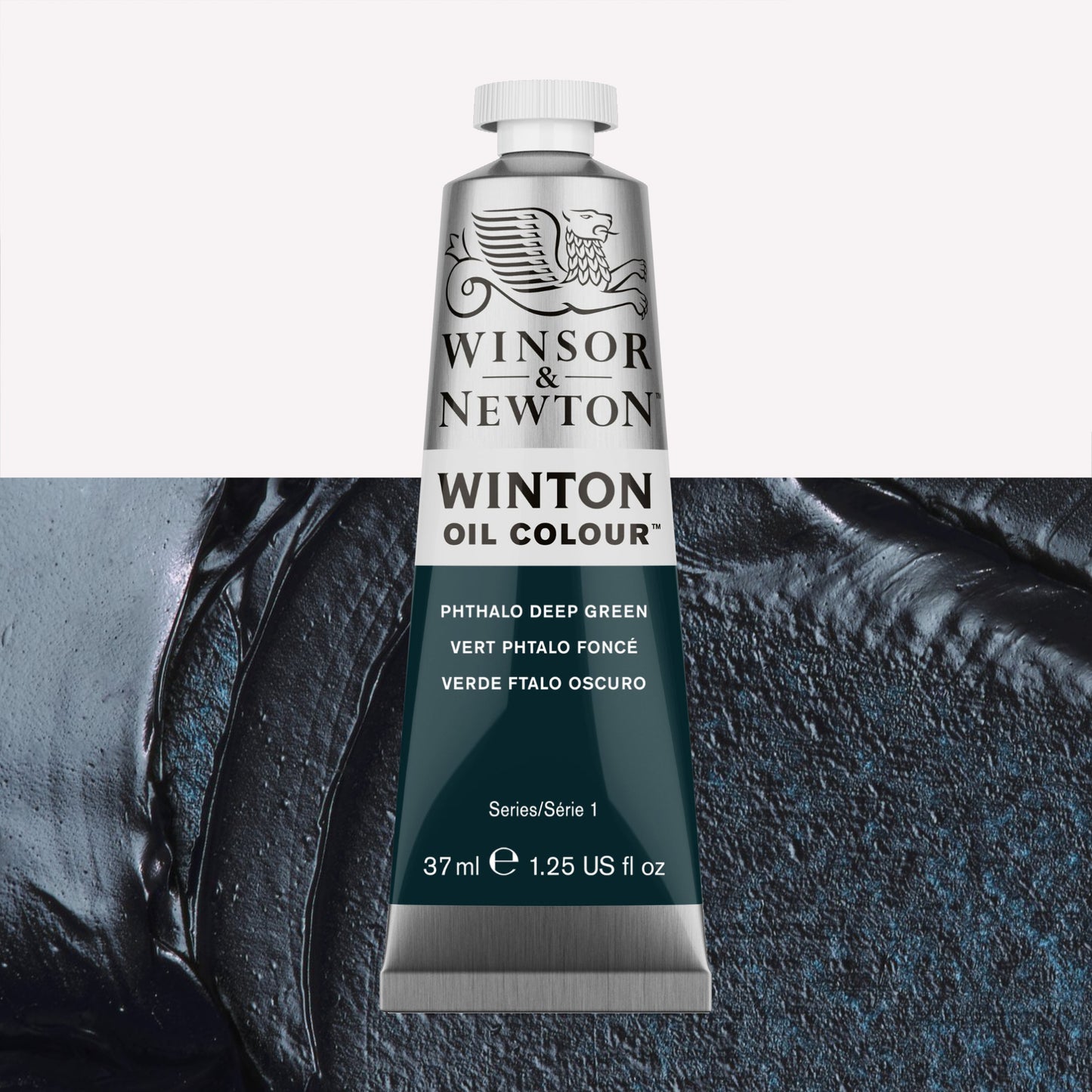 A 37ml silver tube of Winsor & Newton, Winton Oil Paint in the shade Phthalo Deep Green, over a beautifully pigmented colour swatch. 